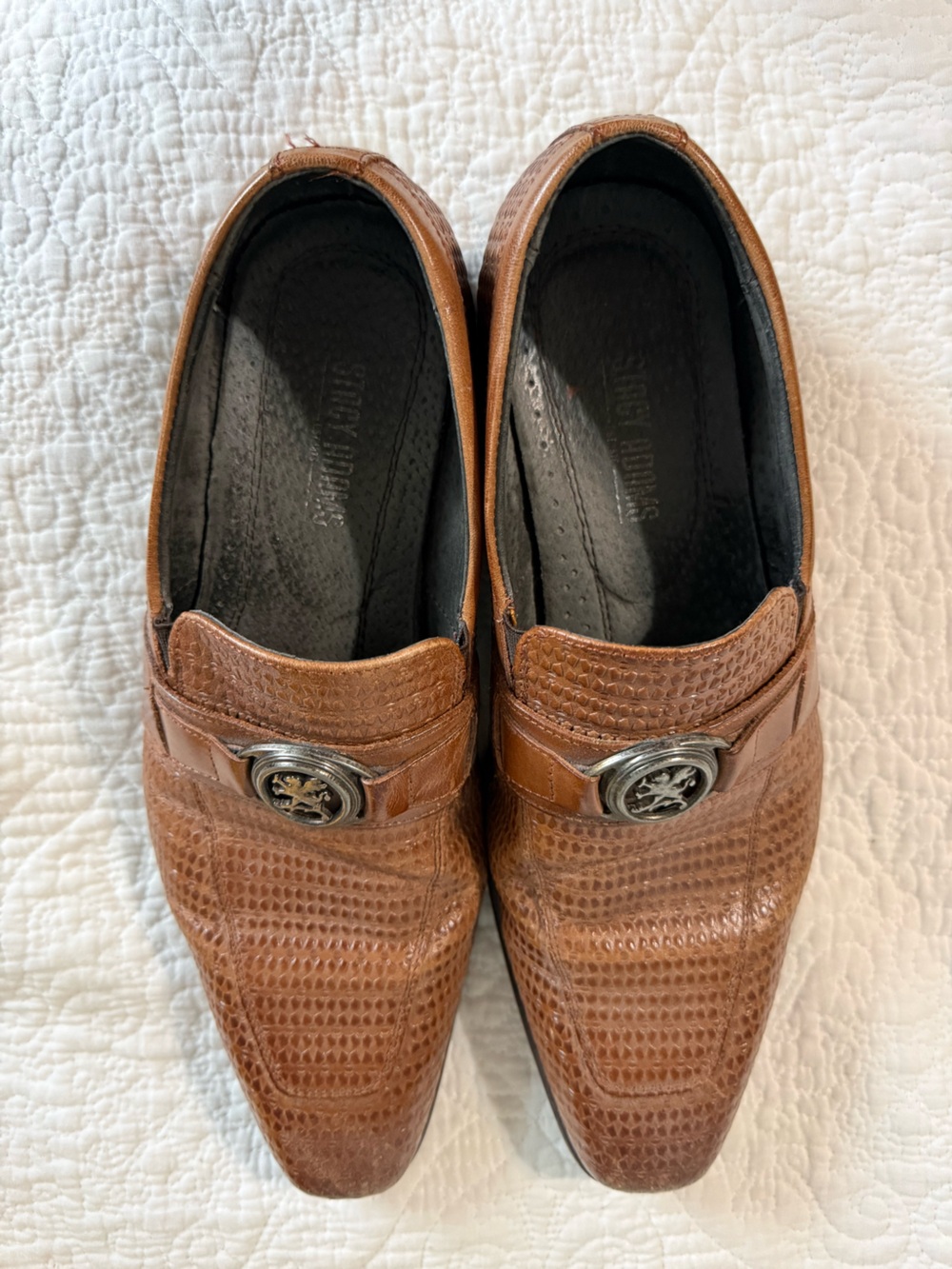 Stacy Adams Cognac Textured Leather Slip-On Loafers with Metal Emblem